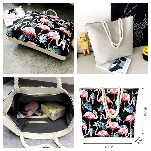Large Canvas Flamingo Tote Beach Bag Rope Handles - Picture 7 of 7